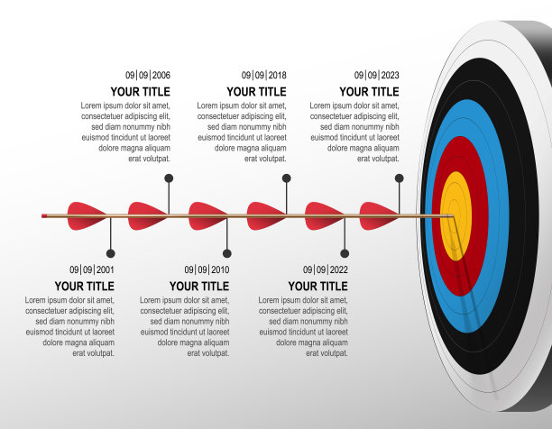 箭击中靶与信息图表。目标步骤时间轴从左到右。业务数据图表，投资目标，营销挑战，战略展示，成就图表。向量模板。图片下载