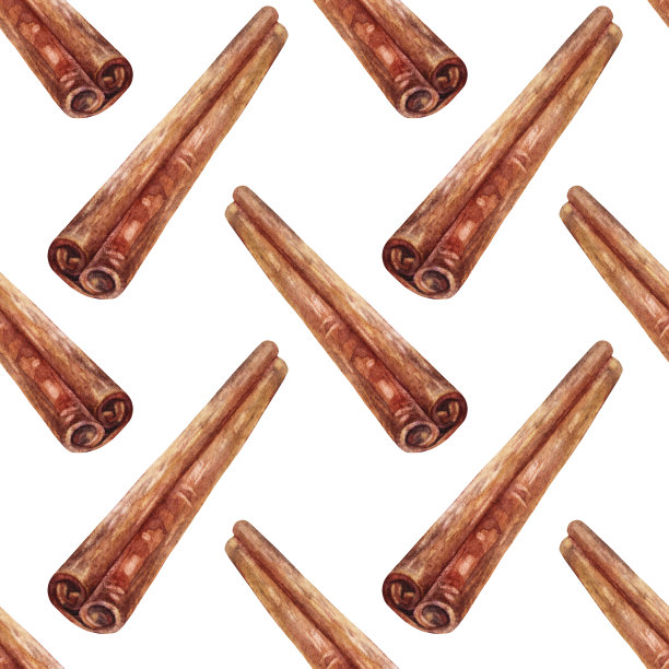 无缝模式与水彩肉桂在白色背景。用于烹饪甜点或饮料的香味调味品。圣诞节的食物。厨房烹饪书和贴纸的创意艺术。壁纸包装图片下载