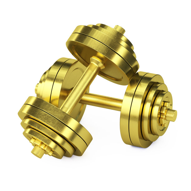 金色哑铃重量隔离在白色背景3d渲染图片下载