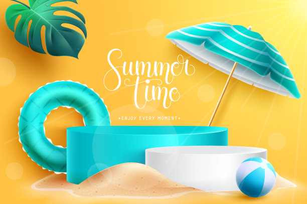 夏日时光平台矢量设计。夏天的文字在看台展示平台与热带元素，如漂浮物和沙滩球。图片下载