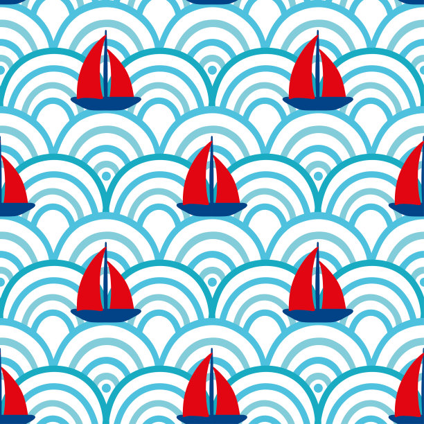 海上的帆船，孩子们插画。波浪的背景。图片下载