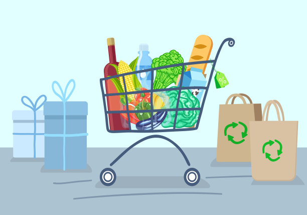 装着杂货的购物车。平面设计。面包，蔬菜，酒，牛奶。环保袋。礼物图片下载