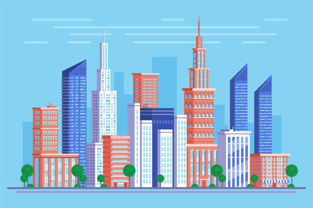 现代市中心的城市景观，摩天大楼和建筑剪影的城市景观图片下载