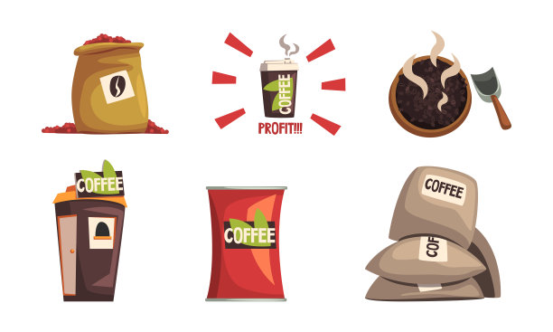 咖啡行业生产成套设备。收获，烘焙和销售咖啡饮料卡通矢量插图图片下载