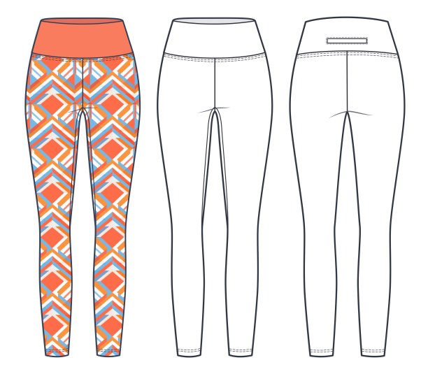 紧身裤技术时尚插画，几何印花设计。运动紧身裤时尚平面技术图纸模板，高腰，正面，背面视图，白色，CAD模型集。图片下载