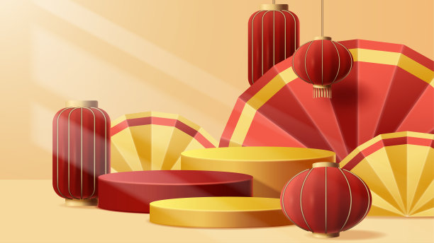 中国新年展示台装饰背景与中国饰品。矢量3D插图图片下载