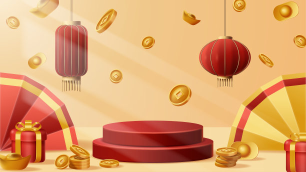 中国新年展示台装饰背景与中国饰品。矢量3D插图图片下载