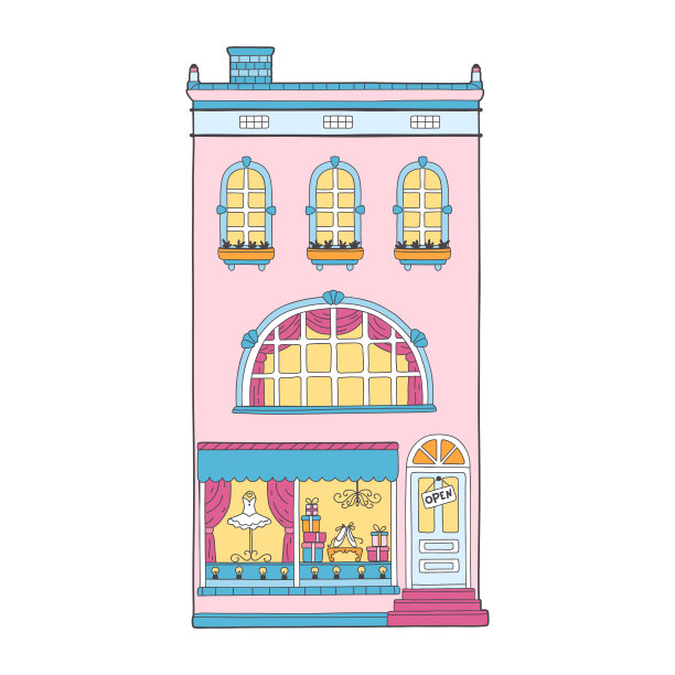 欧洲的房子。可爱的荷兰建筑，有一个芭蕾舞店和一个大半圆形的窗户。彩色矢量插图在手绘幼稚的斯堪的纳维亚风格。图片下载
