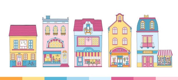 欧洲房子的集合。漂亮的荷兰建筑，有商店，书店，咖啡馆，咖啡店。彩色矢量插图在手绘幼稚的风格。荷兰的传统建筑。图片下载