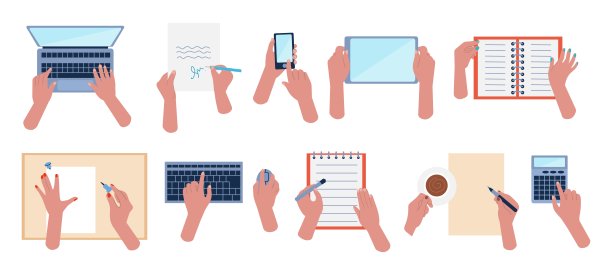 办公室双手俯视图。手写日记，笔记本，在电脑上工作。软件开发人员，申请表格或纸写体面的矢量集图片下载