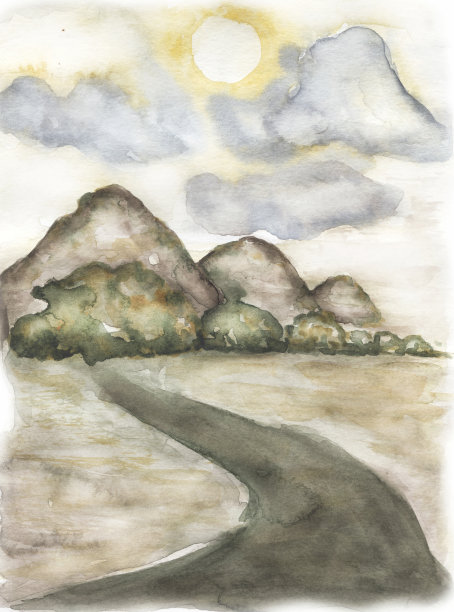 水彩秋山林山水，树云构图。卡片制作，剪贴簿套装，婚礼请柬图片下载