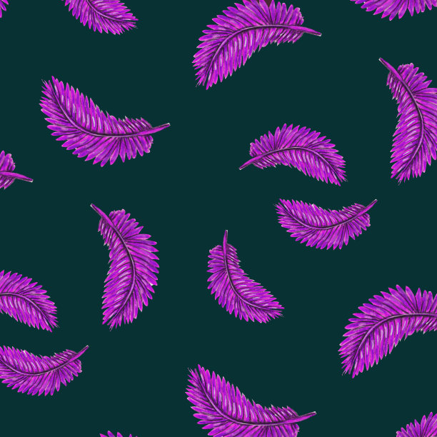 水彩图案紫色羽毛在蓝色背景为您无缝设计，手绘插图图片下载