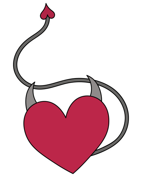 有角和尾巴的心。邪恶的心。一个伪装成恶魔的爱的象征。诱人的诱惑者。图片下载