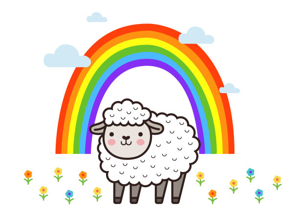 可爱的白羊在空地上，背景是彩虹。平面矢量图。图片下载