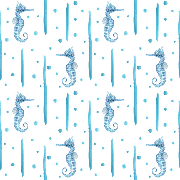 水彩水下无缝图案海马在白色背景。印刷设计，横幅，背景，菜单，纪念品，装饰，墙纸，织物，纺织品，包装。图片下载