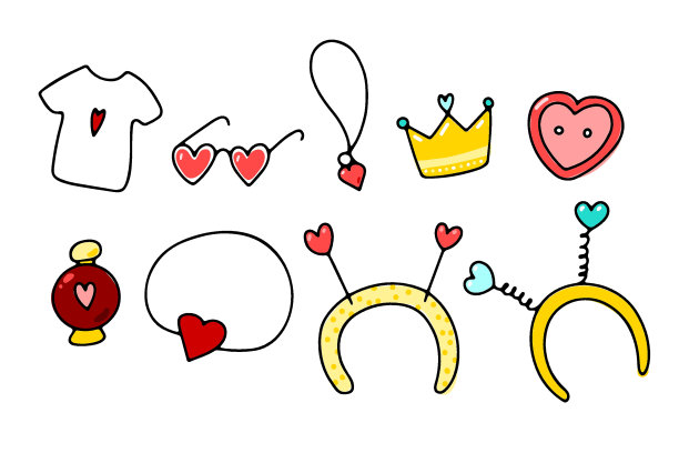 涂鸦心形装饰套装。手绘配件图片下载