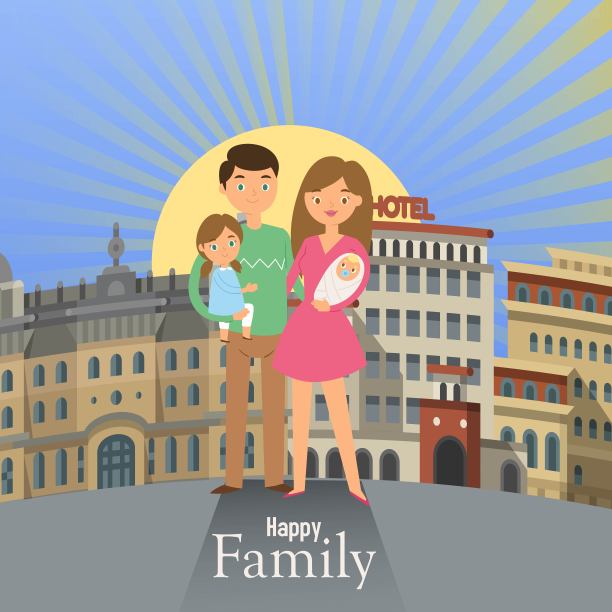 一家人围着城市走横幅。父亲，母亲，儿子和女儿一起在户外小镇背景矢量插图。男人抱着女孩和抱着婴儿的女人。图片下载