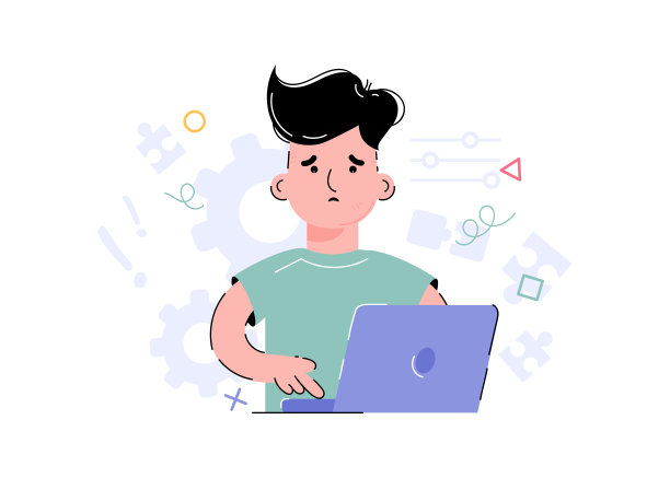 受惊的男孩在电脑前工作。元素的介绍，应用程序和网站的设计。趋势图。图片下载