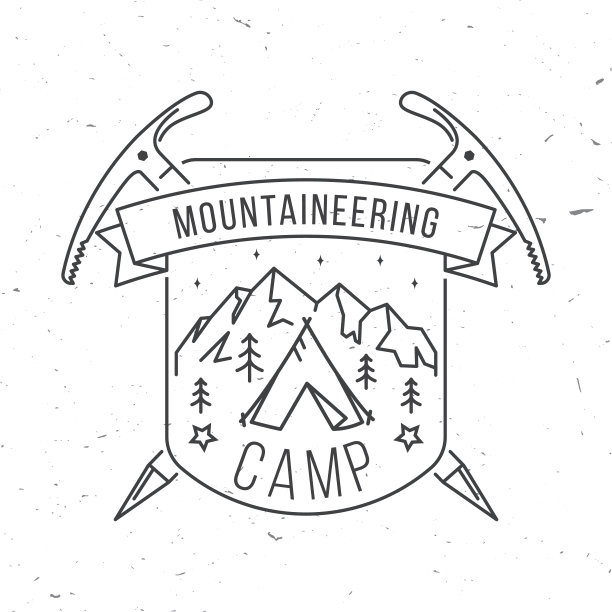 登山营地徽章。矢量插图。概念高山俱乐部衬衫或标志，打印，邮票或t恤。复古线条艺术设计与冰斧，露营和山。户外探险会徽。图片下载