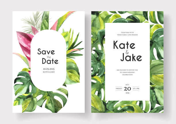 一套婚礼卡与水彩热带树叶。保存日期和邀请模板。图片下载