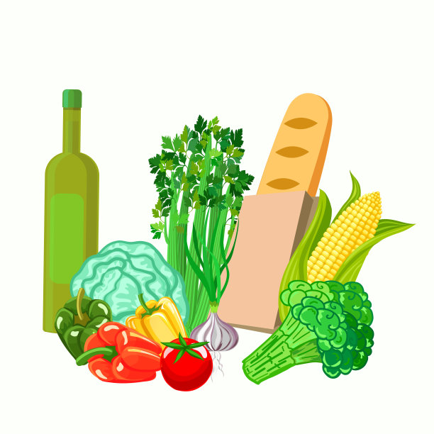 产品。平面设计。面包，辣椒，芹菜，西红柿，花椰菜，酒，牛奶。图片下载