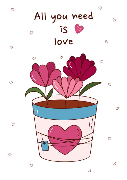 情人节贺卡，花盆里有花。矢量插图图片下载
