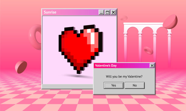 蒸汽波风格的情人节贺卡与对话窗口问浪漫的问题。像素心在方格地板上，超现实的粉彩景观与90年代的复古电脑主题。图片下载