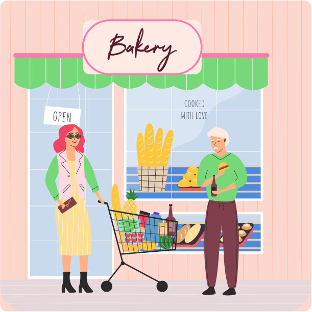 面包店，招牌，面包展柜。可怜的男人和拥有满满一车食物的成功女人图片下载