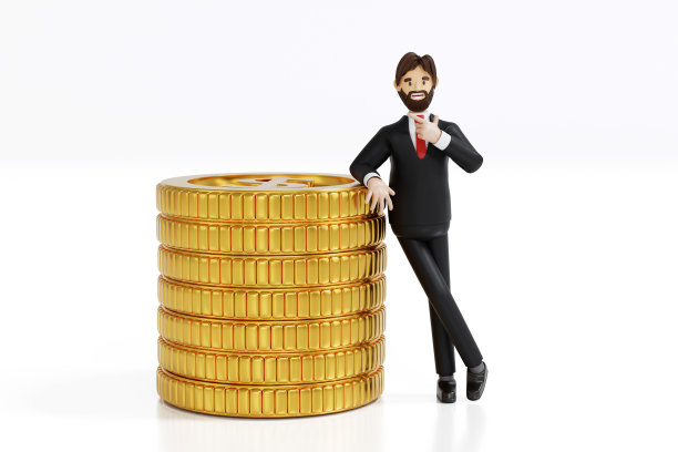 商人和金币堆叠，商业和银行概念，3D渲染卡通人物。图片下载
