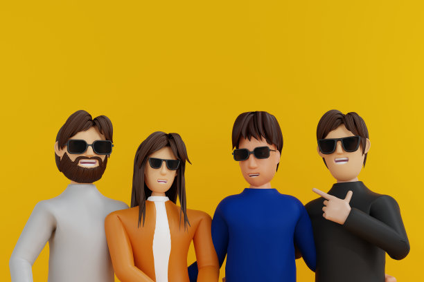 团队成员或学生站在一起，自信的脸，3D渲染卡通人物。图片下载