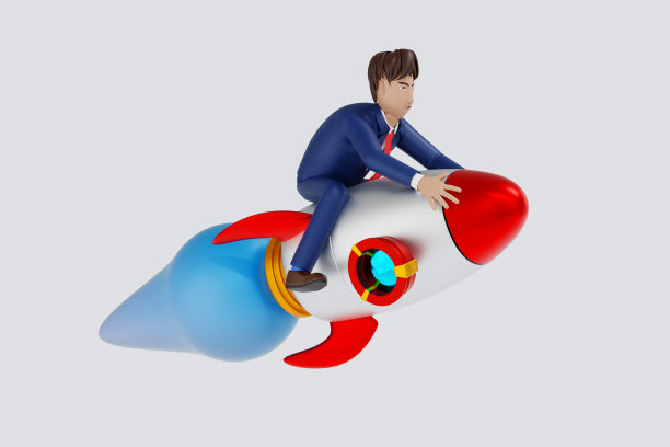 启动创业，新公司概念，商人乘坐火箭升空，3D渲染卡通人物。图片下载
