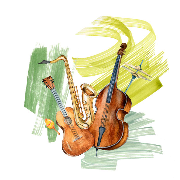 作曲吉他、萨克斯管、低音乐器水彩插画孤立。图片下载