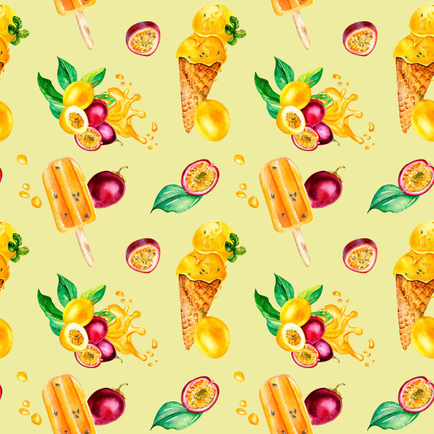 紫色、黄色水彩和冰淇淋水彩无缝图案孤立在黄色背景上。图片下载