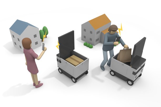 在你的智能手机上接收送货信息。接收机器人包裹的人。自动送货的机器人。机器投递包裹无人值守。图片下载