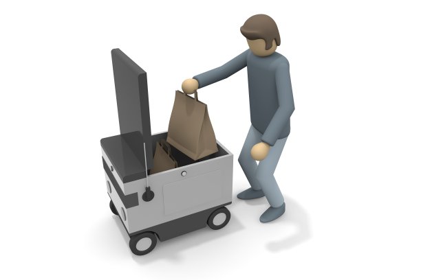 接收机器人包裹的人。自动送货的机器人。机器投递包裹无人值守。图片下载