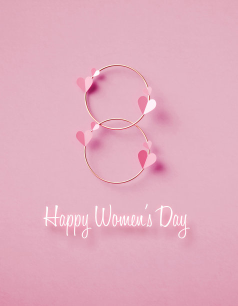 下面是由粉色心形和粉色背景上的金色圆圈组成的第八号妇女节快乐信息图片下载