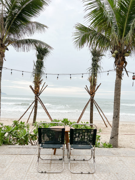 越南岘港，沙滩椅上有棕榈树和灯光图片下载