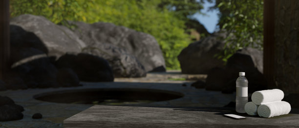 复制空间的石头桌面上模糊的背景，一个美丽的户外日本温泉图片下载