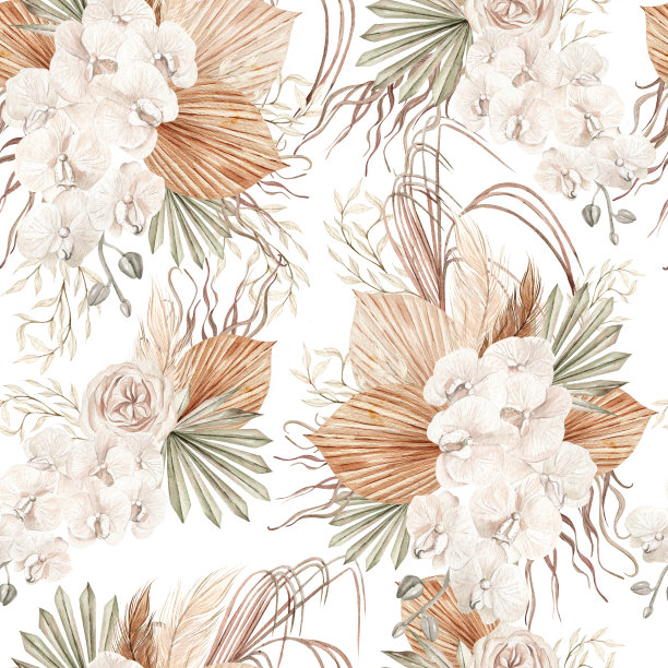 水彩波西米亚无缝模式与手绘热带花卉干棕榈叶，潘帕斯树枝和玫瑰花。图片下载