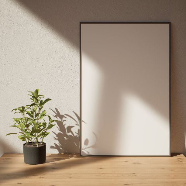 空办公室大厅内部，白色和木墙，混凝土地板，水平模拟海报框架和盆栽。广告的概念。三维渲染图片下载