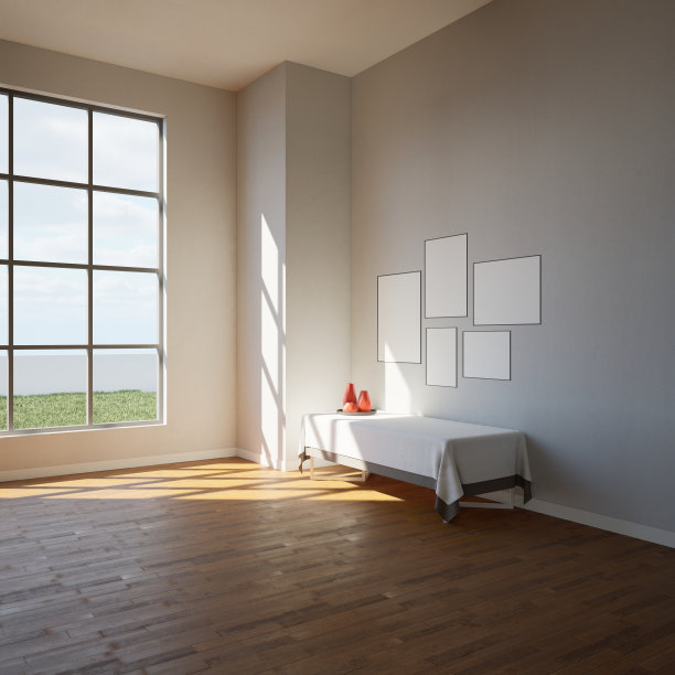 空办公室大厅内部，白色和木墙，混凝土地板，水平模拟海报框架和盆栽。广告的概念。三维渲染图片下载