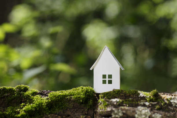 环保的纸房子在绿色的苔藓背景上。旗帜模板。庆祝地球日。计划购买房产。本空间图片下载