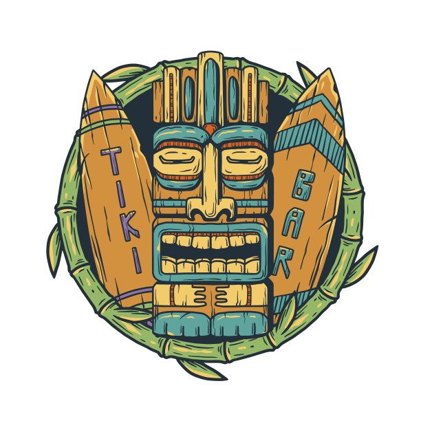 夏威夷冲浪和热带树叶的提基面具图片下载