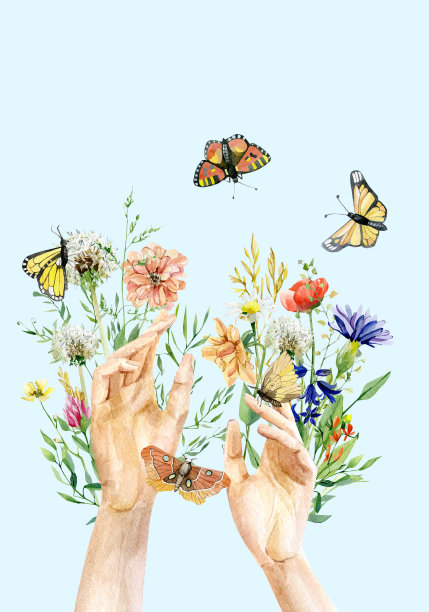 手握野花水彩插图。手绘野花花束和蝴蝶安排植物艺术插图与草甸花，树叶，干的婚礼邀请图片下载