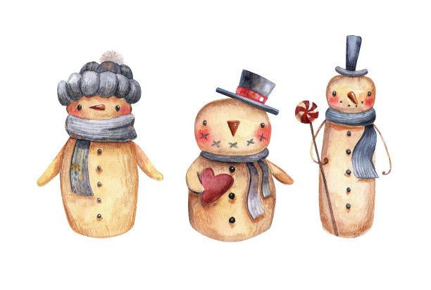 可爱的卡通风格的水彩雪人。幼稚的手绘插图孤立在白色背景上。图片下载
