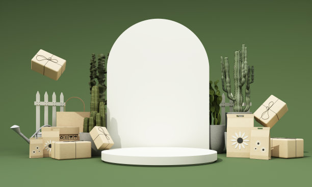 园艺工具和植物花盆隔离和购物袋与种子包装，纸箱，花园商店和产品站在绿色背景。逼真的3d渲染图片下载