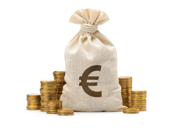 装有硬币和欧元标志的钱袋图片下载