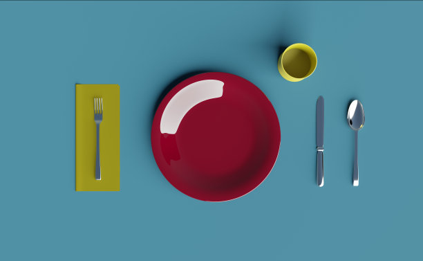 简单的餐桌设置一般厨房用具在充满活力的配色方案，3d渲染。俯视图的餐具模型与复制空间，基本的餐饮设置图片下载