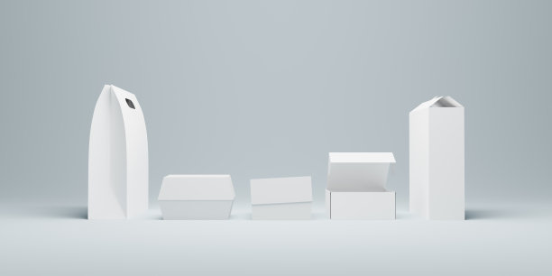 纸质食品包装选项，3d渲染模型在灰色背景。产品包装可回收和可重复使用的纸箱饭盒图片下载