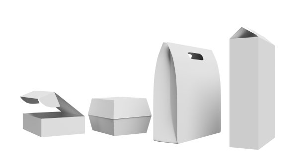 纸质食品包装选项，3d渲染模型在孤立的背景。产品包装可回收和可重复使用的纸箱饭盒图片下载